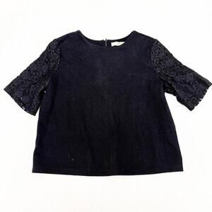 Ann Taylor Black Lace Sleeve Short Sleeve Black Top Size Large